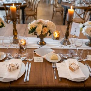 Table de mariage romantique et chaleureuse avec vases Médicis dorés